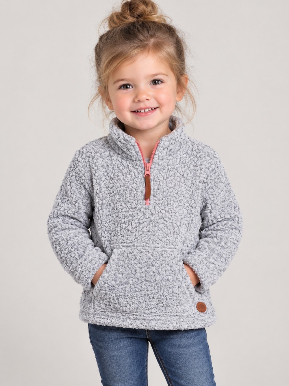 Cozy Kids Sherpa Half-Zip Pullover Jacket - Light Gray Size 4T